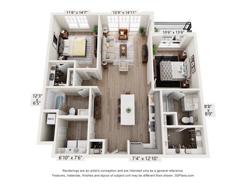 a 3 bedroom floor plan of a 2100 sqft apartment